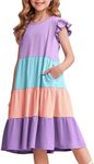 Arshiner Girls Summer Dress Ruffle Sleeve Flared Flowy Pleated Midi Cotton Casual Sundress with Pockets Purple Colorblock 8-9 Years