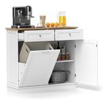 SILKYDRY Kitchen Island with Tilt Out Trash Cabinet, Buffet with 2 Drawers, Rubber Wood Counter Top, Adjustable Shelf, Freestanding Recycle Bins for Dining Room, Laundry (White)