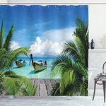 Ambesonne Tropical Decor Collection, Beach and Tropical Sea Wooden Deck Floating Boats Sunshine Honeypot Picture Print, Polyester Fabric Bathroom Shower Curtain, 84 Inches Extra Long, Blue Green Gray