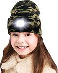 ATNKE Kids LED Lighted Beanie Cap, USB Rechargeable 4 LED Headlamp Waterproof Winter Warmer Knit Night Hats with Light for Boys Girls/Camouflage Green