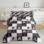 Ice Hockey Comforter Set Queen Hockey Player Pucks Bedding Set for Teen Girls Kids,Eat Sleep Hockey Comforter Sports Bedroom Decor,Patchwork Check Plaid Quilt Duvet Pink Black Grey 2 Pillow Cases