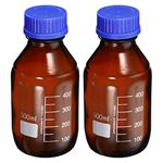 PATIKIL 500mL Reagent Media Bottle, 2Pcs Round Graduated Glass Storage Bottle Blue Screw Cap for Lab Home, Amber