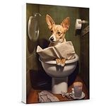 Hudo Portuguese Podengo Pequeno Gift Wall Art, Cute Dog Sitting on The Toilet Reading a Newspaper Bathroom Poster for Dog Lover, Humor Animals Bathroom Canvas Prints, Bathroom Wall Décor