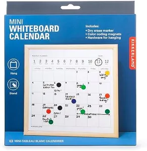 Kikkerland Mini White Dry Erase Board Calendar Black Dry Erase Marker, Small Mini White Board for Kids, Students, 8" x 8"