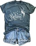 Believe in Magic Shirt Women Cute Fairy Graphic Tshirt Girl Trip Tee Funny Vacation Shirt Causal Short Sleeve Top, Green, Small