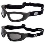 Birdz 2 Pairs of Eyewear Soar Safety Padded Motorcycle Goggles, Black Frames with Clear and Smoke Lenses