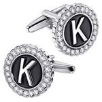 HAWSON A-Z Initial Cufflinks for Men and Women with Clear Crystal, Gold Silver Color Rasied Letter A-Z Cuff Links for French Shirt, Gift for Normal and Business Wearing, Metal