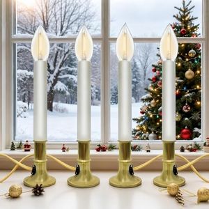 Abeja 4 Pack Christmas Electric Window Candle Lights, Gold Plating Base Candle Lights with C26 3V LED Bulbs, 5Ft Beige Cord Plug in Ready to Use for Dining Table Xmas Decor