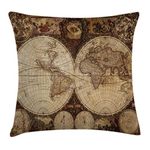 Ambesonne World Map Throw Pillow Cushion Cover, Old World Map Drawn in 1720s Nostalgic Style Art Historical Atlas Vintage Design, Decorative Square Accent Pillow Case, 18" X 18", Pale Brown