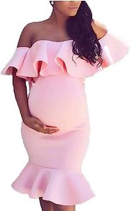 SISANCY Ruffle Off Shoulder Maternity Dress for Baby Shower, Short Sleeve Mermaid Bodycon Midi Formal Pregnancy Dress for Women, A-pink, Large