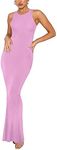 REORIA Women's Basic Summer Sexy Lounge Tank Long Dress Elegant Sleeveless Halter Neck Bodycon Maxi Dresses, Petal, Small