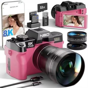 NBD 8K 64MP Digital Cameras for Photography with Dual-Lens,180°Flip Screen—Point and Shoot Digital Cameras with 16X Zoom,Autofocus WiFi Vlogging Camera for Beginners, 2 Batteries,32GB Card (Pink)