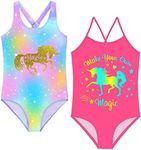 Mecamelon Girls 2 Pack One Piece Bathing Suit Unicorn Mermaid Printed Beach Swimwear, Rainbow Pink, 6-7 Years