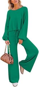 Pink Queen Women's 2 Piece Knit Outfit Cropped Sweater Top Wide Leg Long Pants Sweatsuits Pajama Set Green L