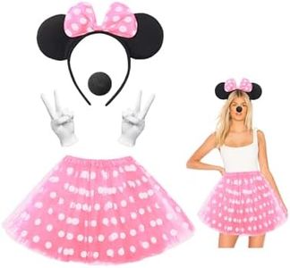 Clundoo Costume Mouse Ragazza, 4 Pezzi Costume Minnie, Tutu di Minnie, Gonna a Pois Bambina, con Cerchietto Minnie, Guanti Bianchi, Naso per Carnevale Halloween Cosplay Festa di Compleanno (Rosa)