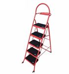 Familia Premium Steel Anti Slip Foldable 5-Step Ladder for Home with Wheels Heavy Duty, Anti-Fold Locks, Support Handle and Tool Tray, Strong Wide Anti Skid Matt Step (5 Step, Red)