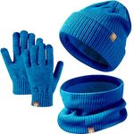 Enwokran Kids Winter Hat Scarf Gloves Set - Warm Thermal Knitted Beanie Cap Snood Neck Warmer Touchscreen Mitten Soft Fleece Lining Elastic for Children Aged 5-12 Outdoor Sports (Blue)