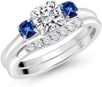 Gem Stone King 10K White Gold Lab Grown Diamond and Blue Created Sapphire 3-Stone Bridal Engagement Wedding Ring Set For Women | 1.03 Cttw | 5MM and 3MM Cushion Cut | Size 5,6,7,8,9
