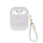 Glitter Shell Design for AirPods 1/2 Case with Pearl Wrist Chain Keychain,Colorful Sparkle Bling Pretty Cute for Airpods 2nd Generation Case TPU Shockproof Protective Cover for Women Girls -White