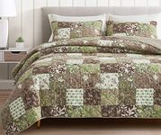 Chezmoi Collection Leilani 3-Piece Boho Washed Cotton Quilt Set King Size - Bohemian Quilted Bedding Brown Taupe Green White Floral Printed Patchwork Lightweight Bedspread Set for All Season