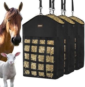 MIYABALA Hay Bags for Horses,3 Packs Slow Feed Hay Bags for Goats,Sheep,Donkey,Premium Oxford Hay Feed Bags with Front Hay Nets Design, Easy to Fill and Hang with Large Opening (3 Black)