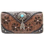 Western Feather Tooled Leather Floral Laser Cut Flower Purse Studs Single Shoulder Bag Clutch Women Trifold Wristlets Wallet, Coffee, Large