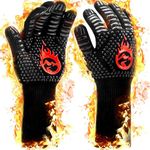 BBQ Gloves, 800℃ Upgraded Heat Resistant Oven Gloves with Fingers, Fireproof Gloves Heat Proof Oven Mitts with Non-Slip Silicone for Kitchen, Grilling, Baking, Microwave- Black