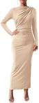 BTFBM Women Bodycon Maxi Dress Long Sleeve Back Slit Ruched Elegant Party Cocktail Formal Fall Wedding Guest Dresses(Solid Beige, Small)