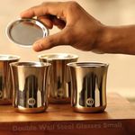 MARU Double Wall Tea Glasses Set of 4 pcs, Small Stainless Steel Cups with Lids Coaster - 120ml Each, Small Steel Glass for Kids and Adults, Ideal Chai Glass, Milk Glass, Coffee Glass with Lid