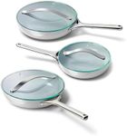 Caraway Ceramic Nonstick Fry Pan Set with Glass Lids – Includes Two 10.5” Fry Pans, One 8” Fry Pan, & Three Lids - Non Toxic, PTFE & PFOA Free - Oven Safe & Compatible with All Stovetops - Gray