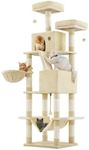 Feandrea Cat Tree, 81.1-Inch Large Cat Tower, Multi-Level Plush Condo with 13 Scratching Posts, 2 Perches, 2 Caves, Basket, Hammock, Pompoms, Beige UPCT190M01