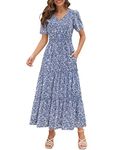 Zattcas Womens 2023 Summer Casual Long Dress Short Flutter Sleeve V Neck Smocked Tiered Modest Floral Boho Maxi Dress, Dustyblue With Pockets, M