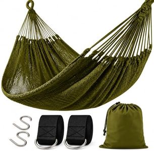 Handwoven Mayan Hammock with Carry Bag, 2 Person Family Size Cotton Nylon Rope Hammock, 500 lb Capacity, Portable Handmade Hammock for Camping, Backyard, Porch, Indoor Outdoor Use