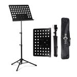 Intern Adjustable Music Stand for Sheet Notes | Black Metal Orchestral Notation Stand with Foldable Tripod, Perforated Tray | Music Book Holder for Practice, Stage, Schools, Bands, Musicians