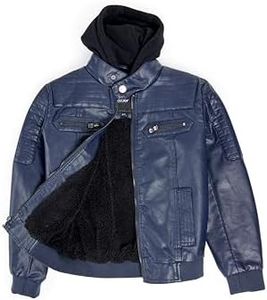 X RAY Teen Faux Leather Jacket for Fall & Winter, Kids Outerwear Coat, Motorcycle PU Leather Jacket for Boys W/Knit Hood, Navy Hooded, Small