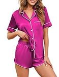 Ekouaer Womens Silk Satin Pajamas Set Short Sleeve Sleepwear Button Down Loungewear 2 Piece Pjs Shorts Set S-XXL