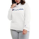 Champion, Powerblend, Fleece Hoodie, Comfortable Sweatshirt for Women, White Script, 2X Plus, White Script, 2X