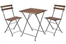 idooka Bistro Garden Table and Chairs - Metal Black Frame Acacia Wood Garden Furniture Sets Outdoor Seating- Folding Table & 2 x Foldable Chair Set- 3 Piece Patio Set Square Metal- Balcony Furniture