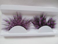 #C-28: 1 pair of purple spotted feather effect black dramatic false eye lashes for fancy dress, night out - by fat-catz