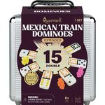 Mexican Train Dominoes Set Double 15, Dominoes Set for Adults and Family, Mexican Train Double 15 Dominoes Set Colored Dot, Mexican Dominos Board Games - 136 Tiles, 9 Trains, Wooden Hub, Aluminum Case