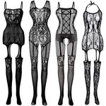 FEPITO 4 Set Women Stockings Lingerie Lace Fishnet Bodysuits for Lingerie Party Date Wearing