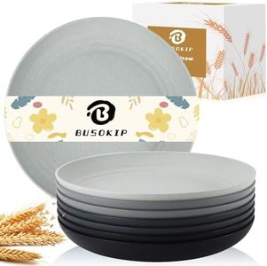 BUSOKIP 11 Inch Wheat Straw Plates - 8 Piece Set, Unbreakable Dinner Plates, Microwave Safe, Black & Grey