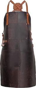 Theodore Top Grain Leather Apron - 32.5” Height x 24.5” Width with Adjustable Crossback & Leather Straps. Our Aprons for Men Leather is a Rich Dual-Tone Brown, with 2 Large Pockets and a Towel Strap, Brown Dual Tone, 30.5” H x 22.5” W. Waist Size up to: 44"