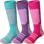 AMENLAN Kids Merino Wool Ski Socks Boys Girls Thick Winter Warm Thermal Hiking Snowboarding Knee high Socks 3 Pairs (Purple Green,8-12 Years)