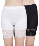 PLUMBURY Lace Trim Slip Shorts for Women - Seamless Mid-Thigh Boyshorts Underwear, Size L, White/Black (Pack of 2)