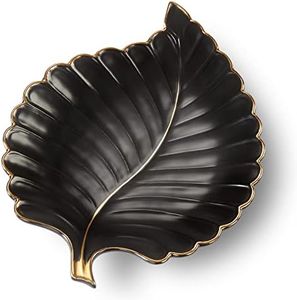 Ceramic Jewelry Trays Trinket Dish Ring Dish Ceramic Candy Plate Snack Plate Leaf Shaped Dish (Black, Medium)