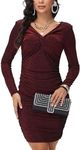 PEIQI Women's Long Sleeve Sparkle Bodycon Knot Twist Dress Sexy Sparkly Ruched Glitter Party Dresses Prom Formal Cocktail Mini Dress Wine X-Small