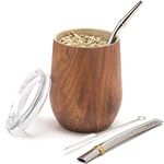 balibetov Modern Mate Cup and Bombilla Set (Yerba Mate Cup) -Yerba Mate Set Includes Double Walled 18/8 Stainless Steel Mate Tea Cup, Two Bombilla Mate (Straw) and a Cleaning Brush (Wood, 355 ml)