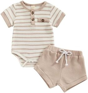 Kuriozud Newborn Baby Boy Summer Clothes Button Short Sleeve Romper Bodysuit Shorts Set Infant Soft Waffle Outfit, Striped Beige, 0-3 Months