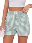 ANRABESS Shorts for Women Casual Summer Plaid Pajama Shorts Soft Elastic Gingham Lounge Sleep Boxers Bottoms Green White Plaid Small